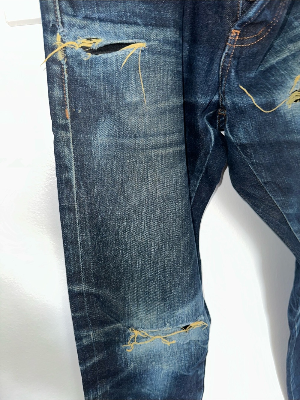 Naked & Famous Raw Denim Distressed Blue Slim Straight Jeans - Turmeric